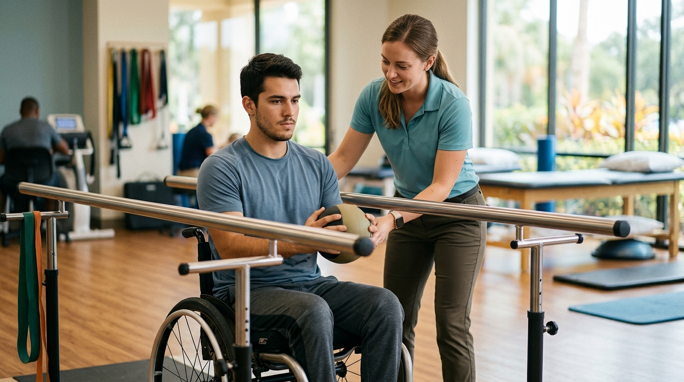 a young adult in a wheelchair in a spinal-cord-injury rehabilitation gym with a physical therapist
