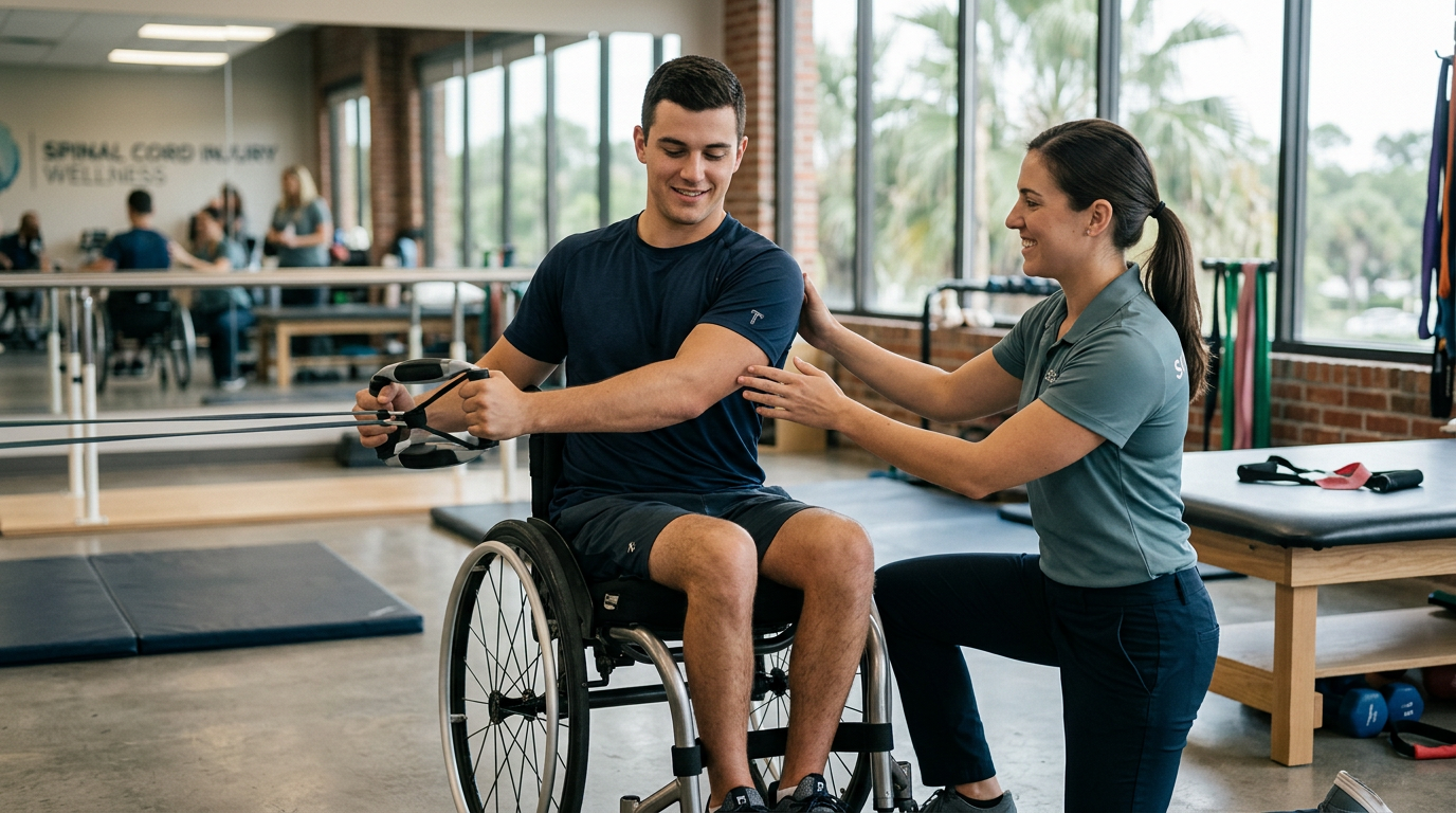 a young adult in a wheelchair in a spinal-cord-injury rehabilitation gym with a physical therapist