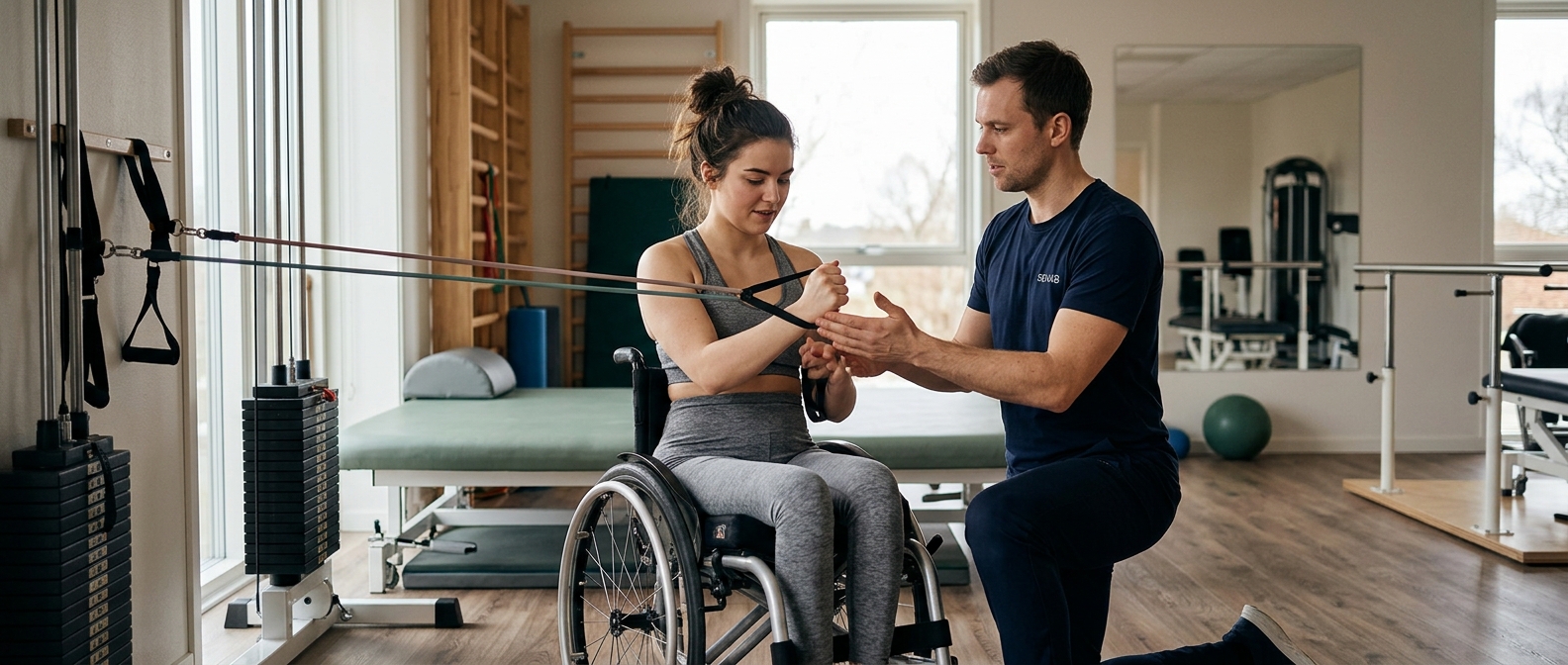 a young adult in a wheelchair in a spinal-cord-injury rehabilitation gym with a physical therapist