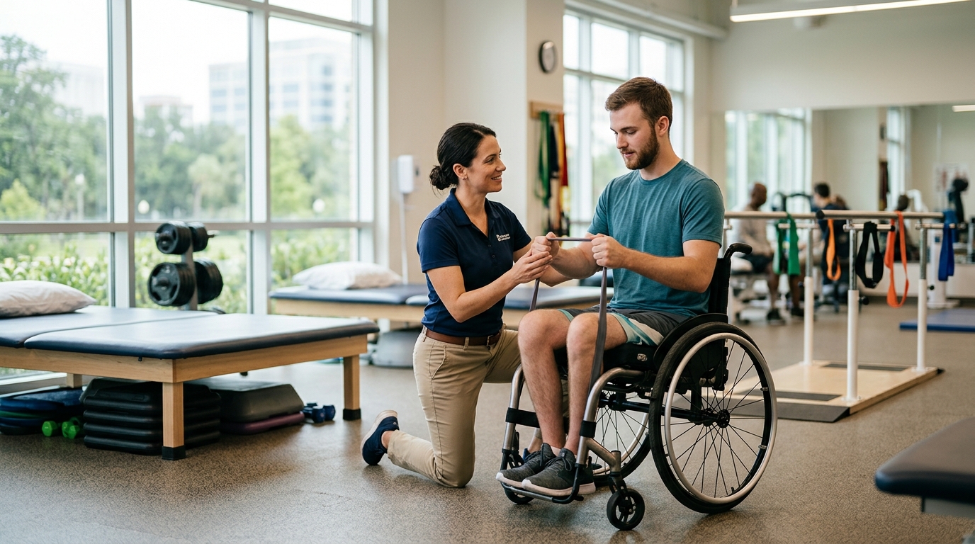 a young adult in a wheelchair in a spinal-cord-injury rehabilitation gym with a physical therapist
