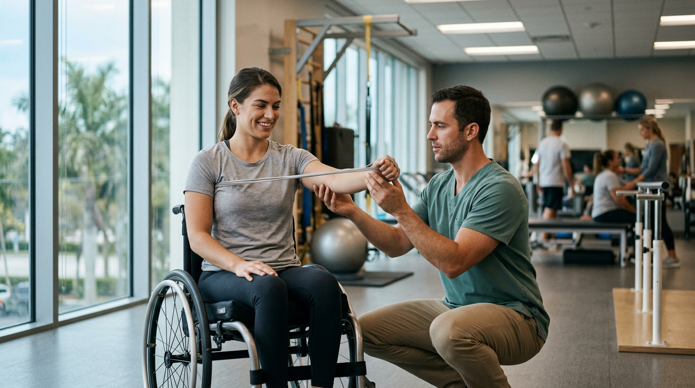 a young adult in a wheelchair in a spinal-cord-injury rehabilitation gym with a physical therapist