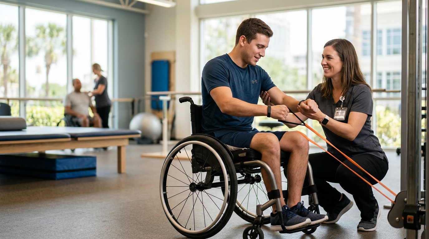 a young adult in a wheelchair in a spinal-cord-injury rehabilitation gym with a physical therapist