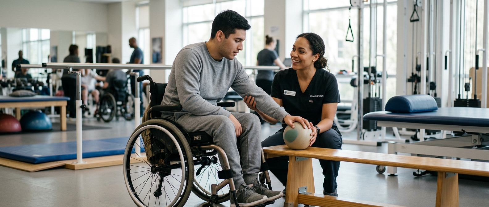 a young adult in a wheelchair in a spinal-cord-injury rehabilitation gym with a physical therapist