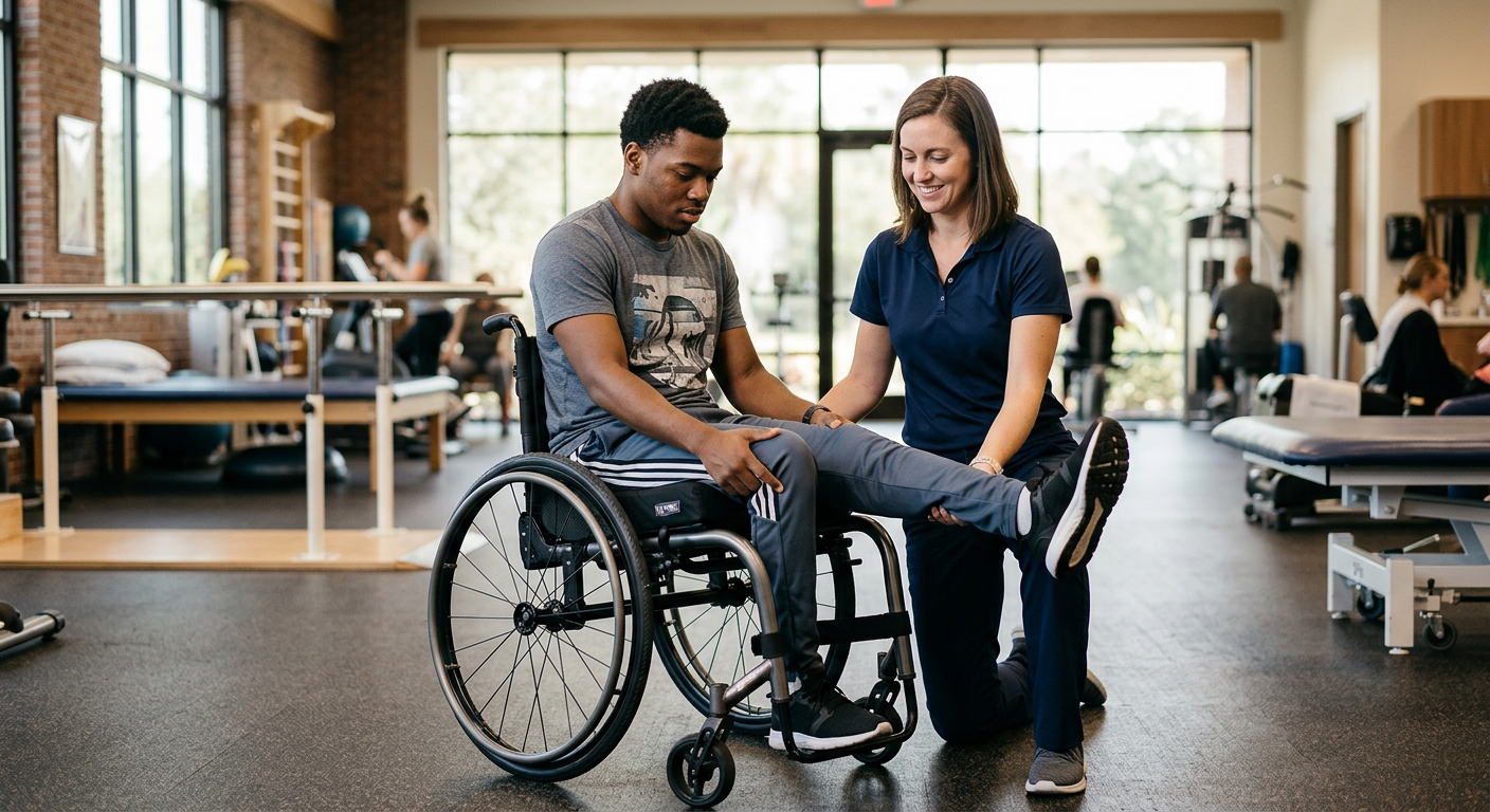 a young adult in a wheelchair in a spinal-cord-injury rehabilitation gym with a physical therapist