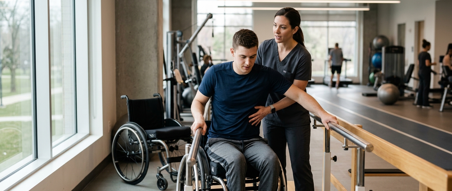 a young adult in a wheelchair in a spinal-cord-injury rehabilitation gym with a physical therapist