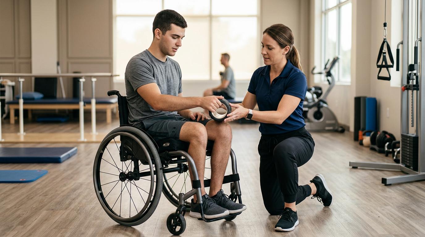 a young adult in a wheelchair in a spinal-cord-injury rehabilitation gym with a physical therapist