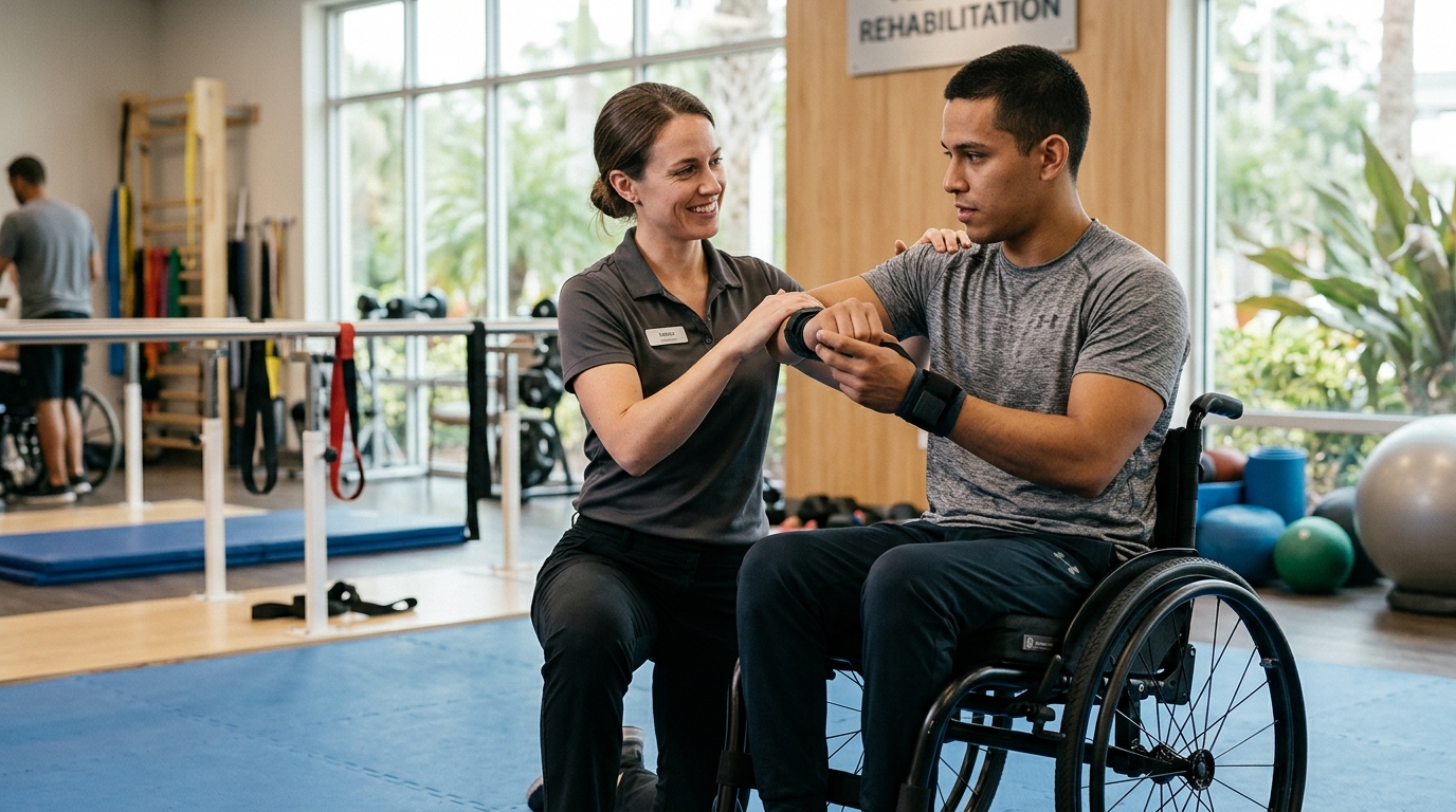 a young adult in a wheelchair in a spinal-cord-injury rehabilitation gym with a physical therapist