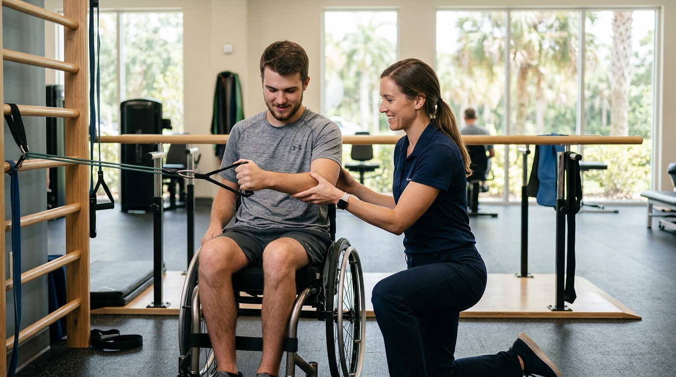 a young adult in a wheelchair in a spinal-cord-injury rehabilitation gym with a physical therapist