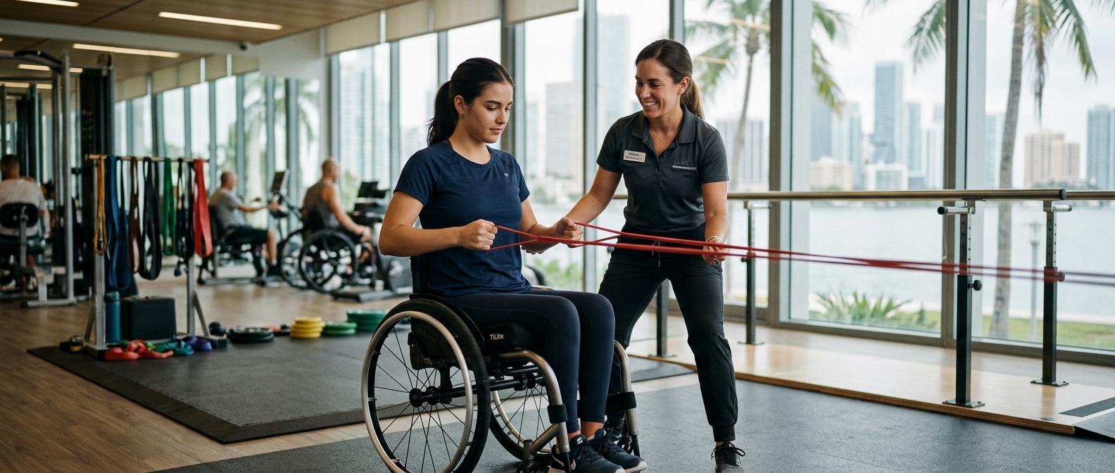a young adult in a wheelchair in a spinal-cord-injury rehabilitation gym with a physical therapist