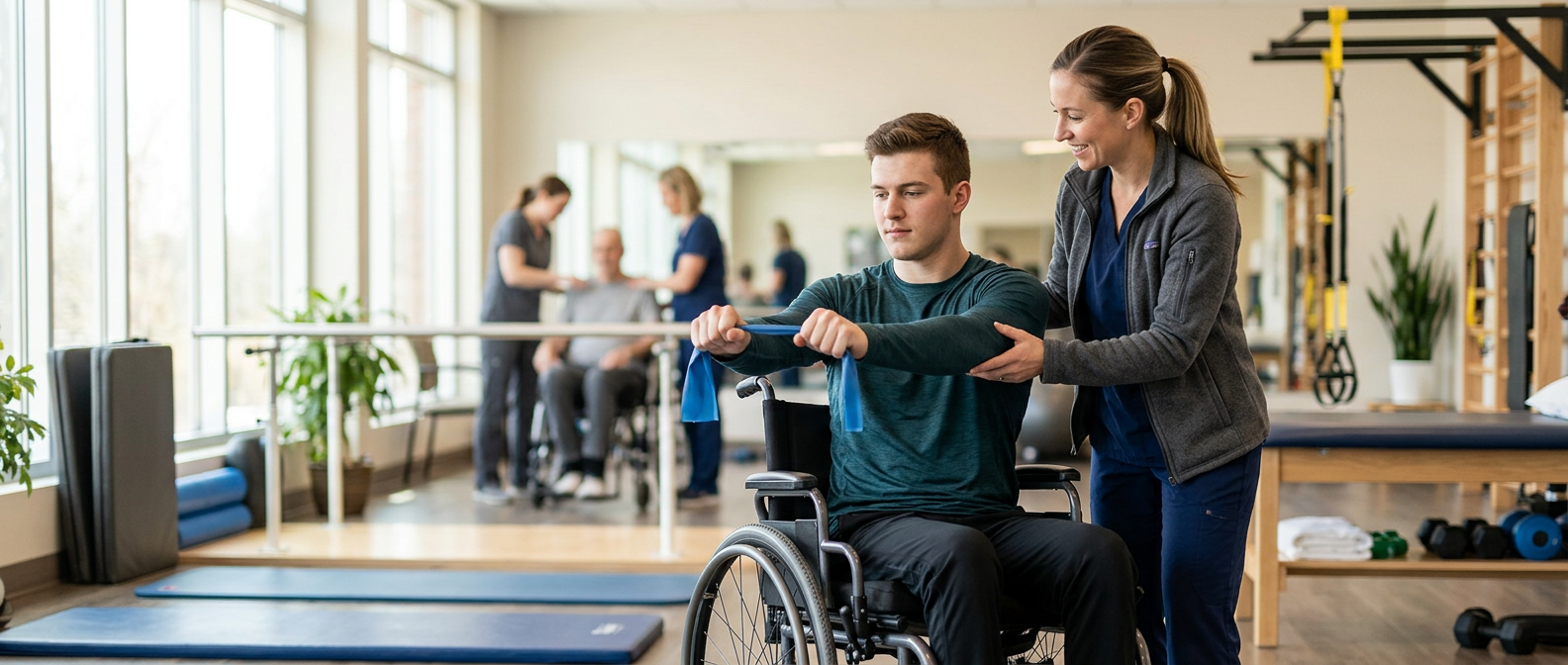 a young adult in a wheelchair in a spinal-cord-injury rehabilitation gym with a physical therapist