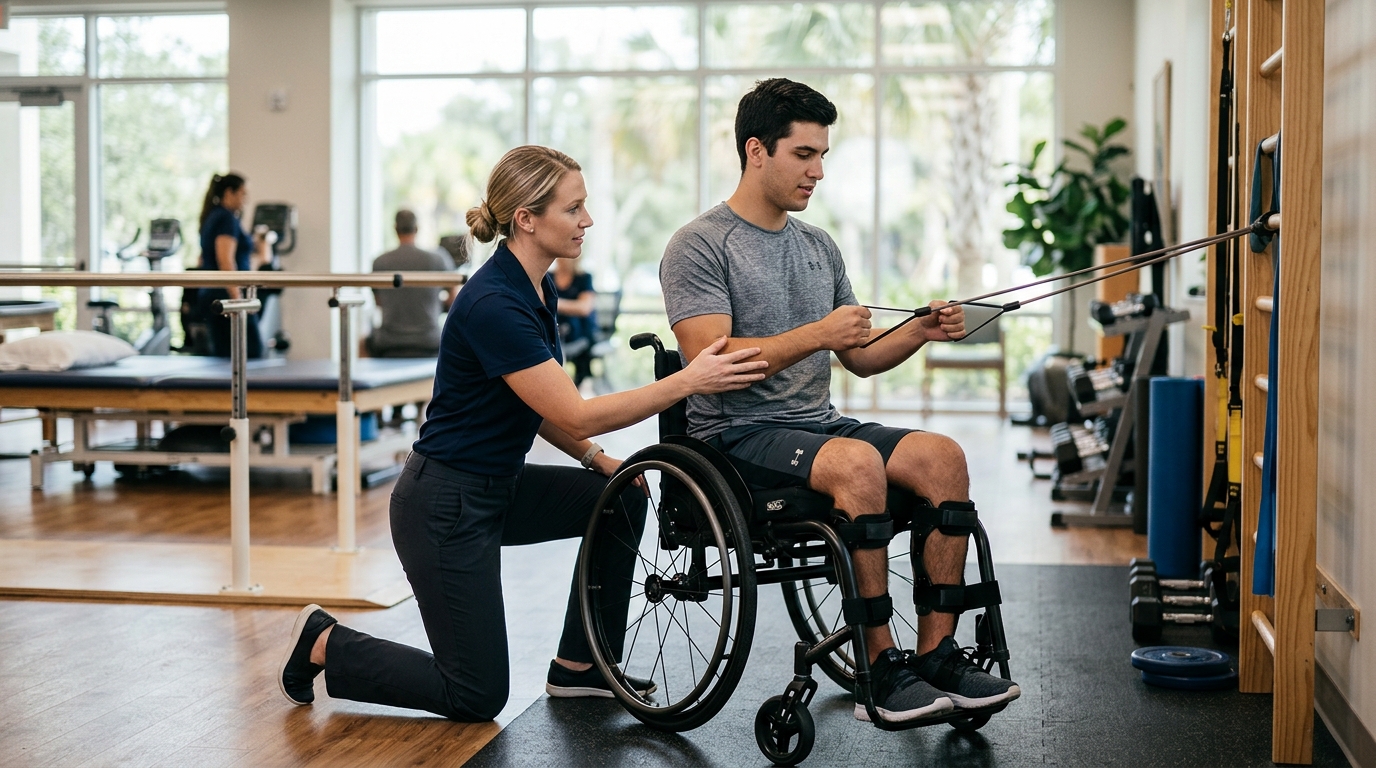 a young adult in a wheelchair in a spinal-cord-injury rehabilitation gym with a physical therapist