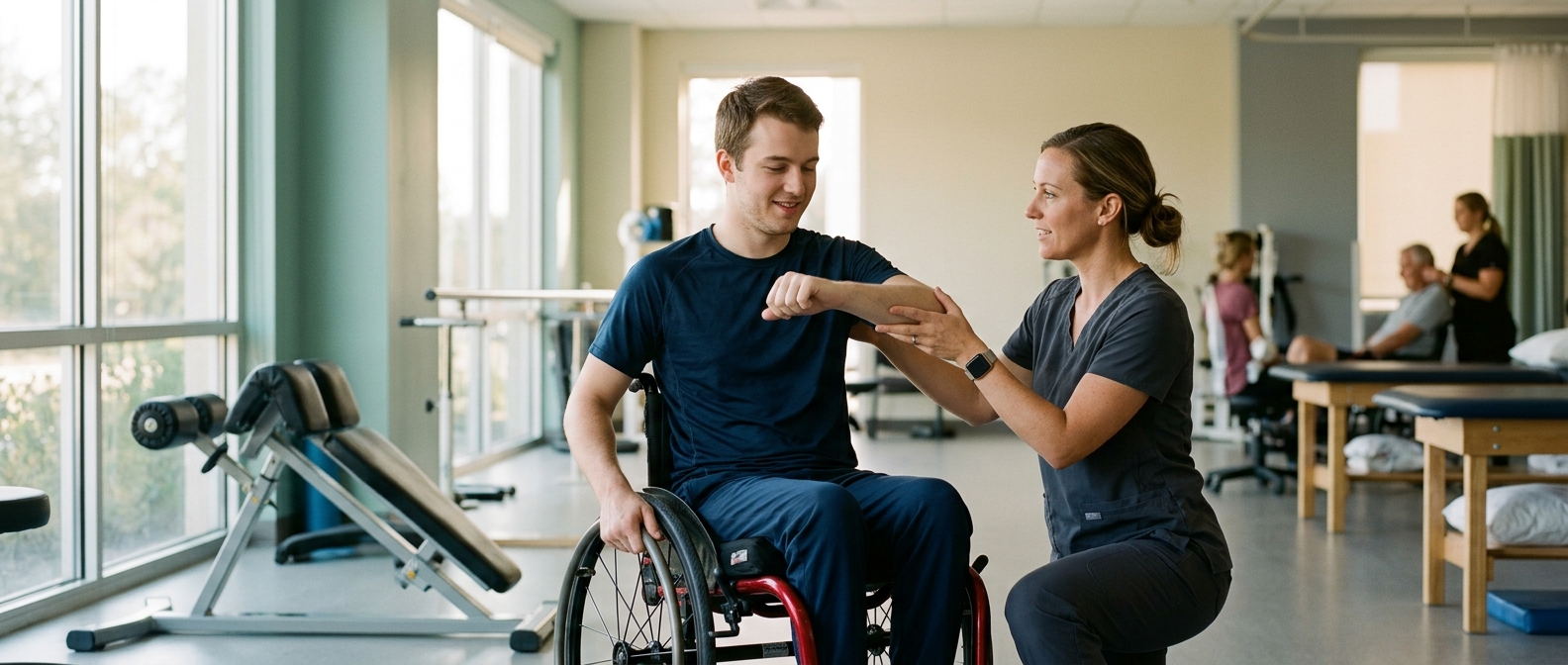 a young adult in a wheelchair in a spinal-cord-injury rehabilitation gym with a physical therapist