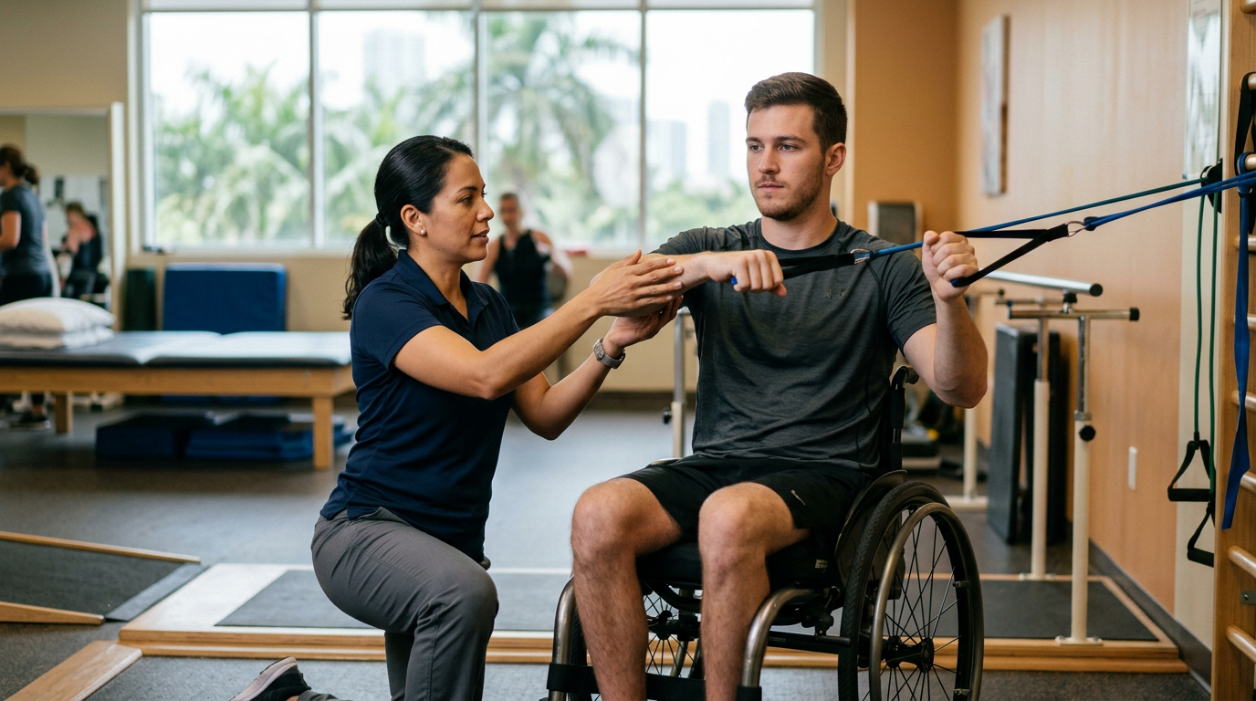 a young adult in a wheelchair in a spinal-cord-injury rehabilitation gym with a physical therapist
