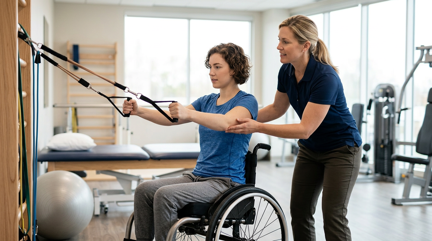 a young adult in a wheelchair in a spinal-cord-injury rehabilitation gym with a physical therapist