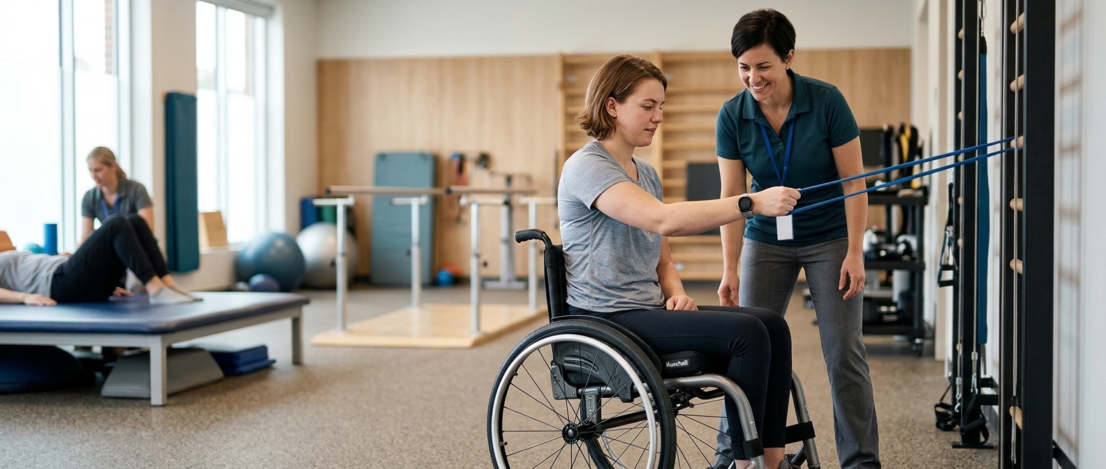 a young adult in a wheelchair in a spinal-cord-injury rehabilitation gym with a physical therapist