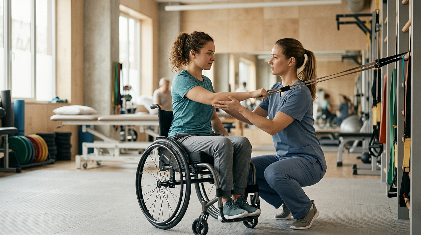 a young adult in a wheelchair in a spinal-cord-injury rehabilitation gym with a physical therapist