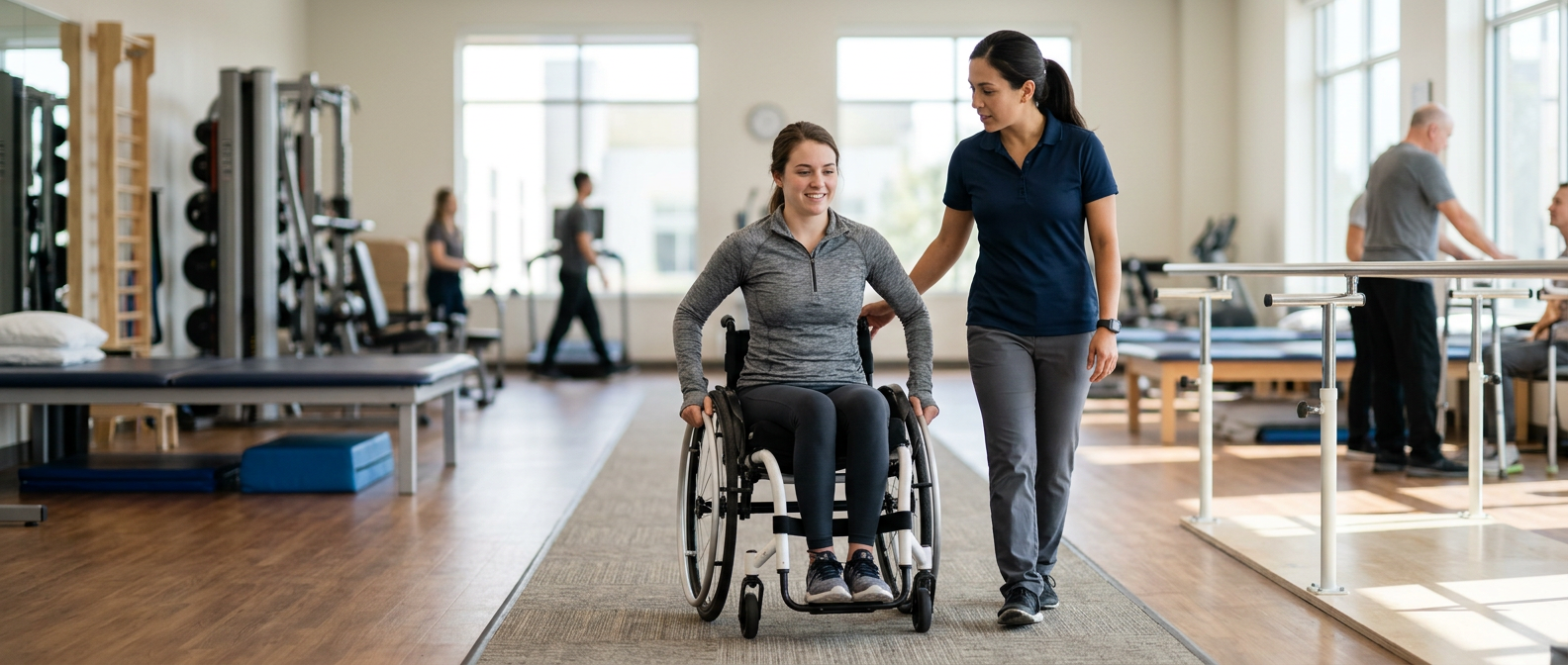a young adult in a wheelchair in a spinal-cord-injury rehabilitation gym with a physical therapist