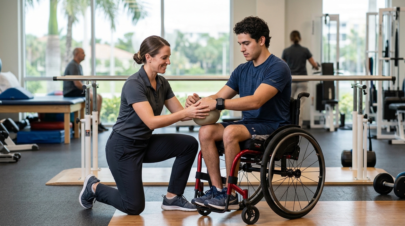 a young adult in a wheelchair in a spinal-cord-injury rehabilitation gym with a physical therapist