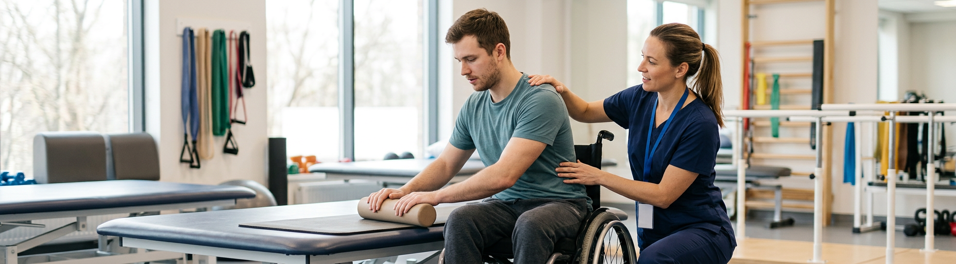 a young adult in a wheelchair in a spinal-cord-injury rehabilitation gym with a physical therapist