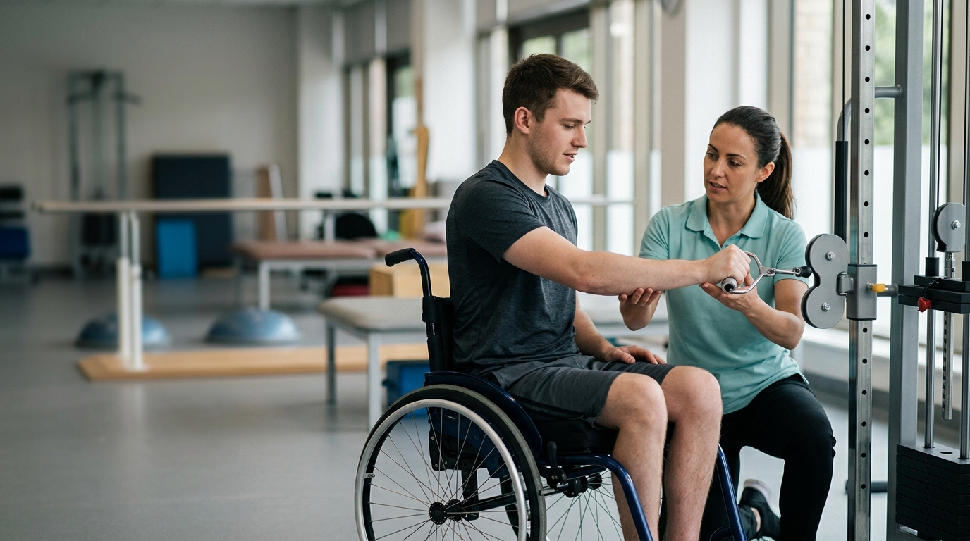 a young adult in a wheelchair in a spinal-cord-injury rehabilitation gym with a physical therapist