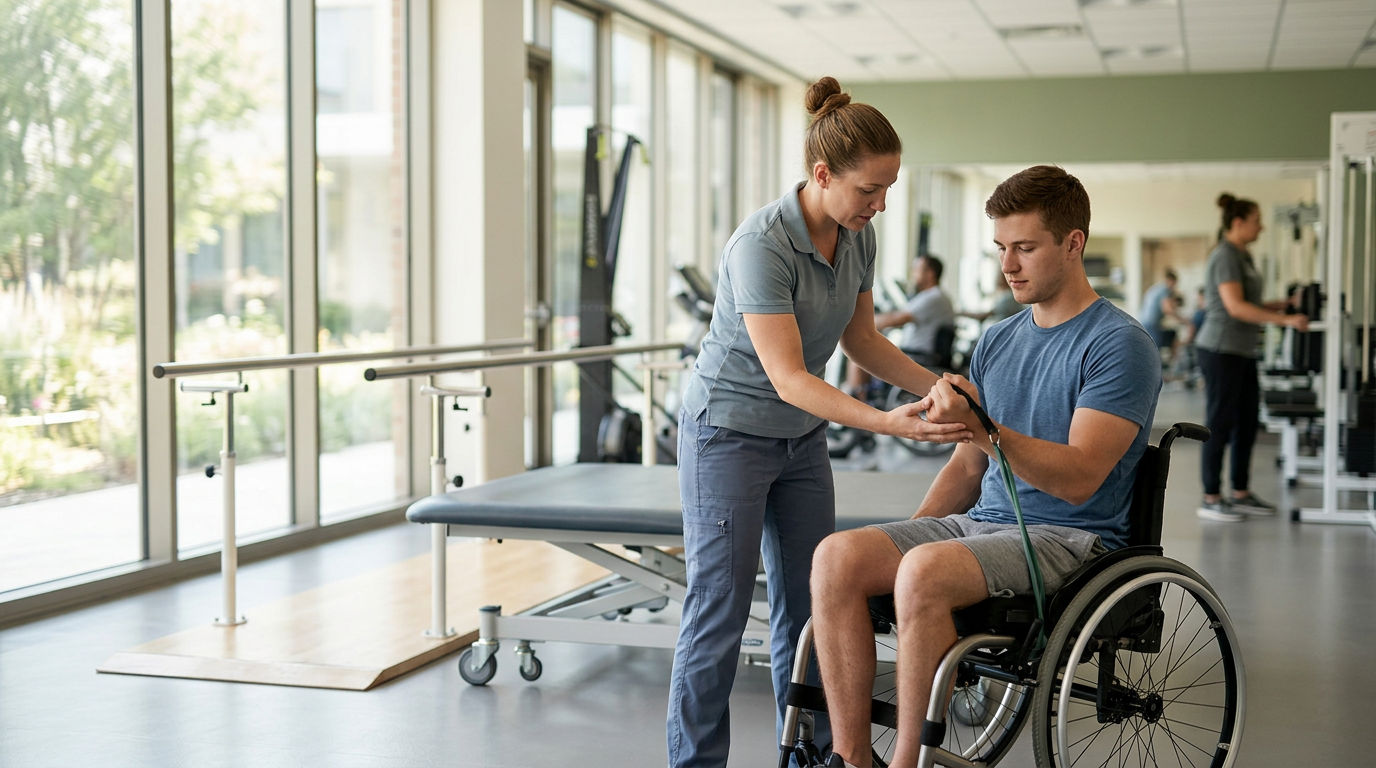 a young adult in a wheelchair in a spinal-cord-injury rehabilitation gym with a physical therapist