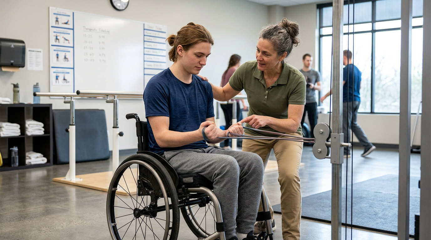 a young adult in a wheelchair in a spinal-cord-injury rehabilitation gym with a physical therapist