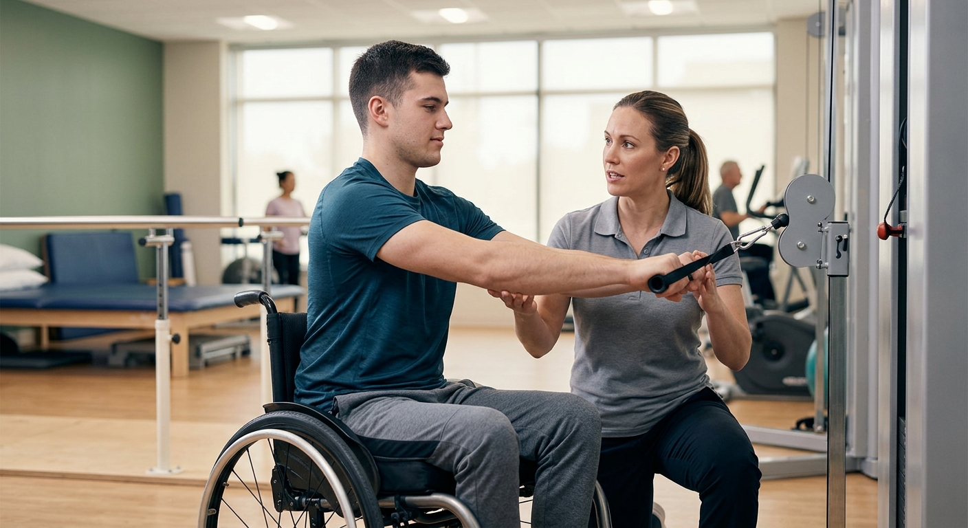 a young adult in a wheelchair in a spinal-cord-injury rehabilitation gym with a physical therapist