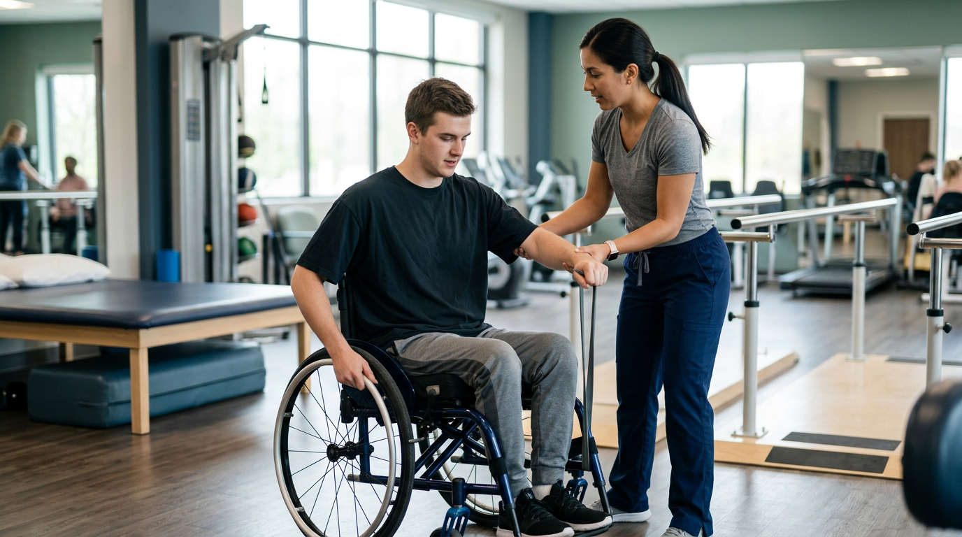 a young adult in a wheelchair in a spinal-cord-injury rehabilitation gym with a physical therapist