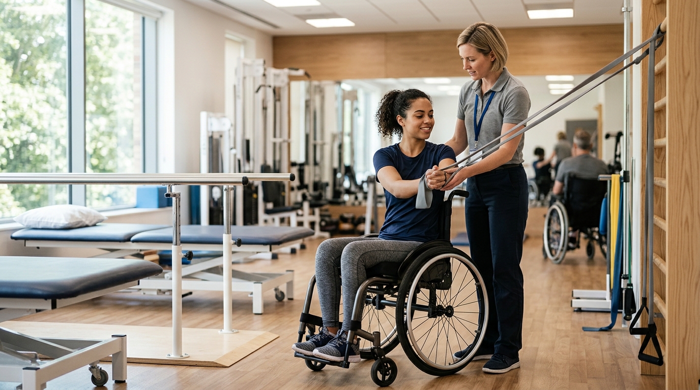 a young adult in a wheelchair in a spinal-cord-injury rehabilitation gym with a physical therapist
