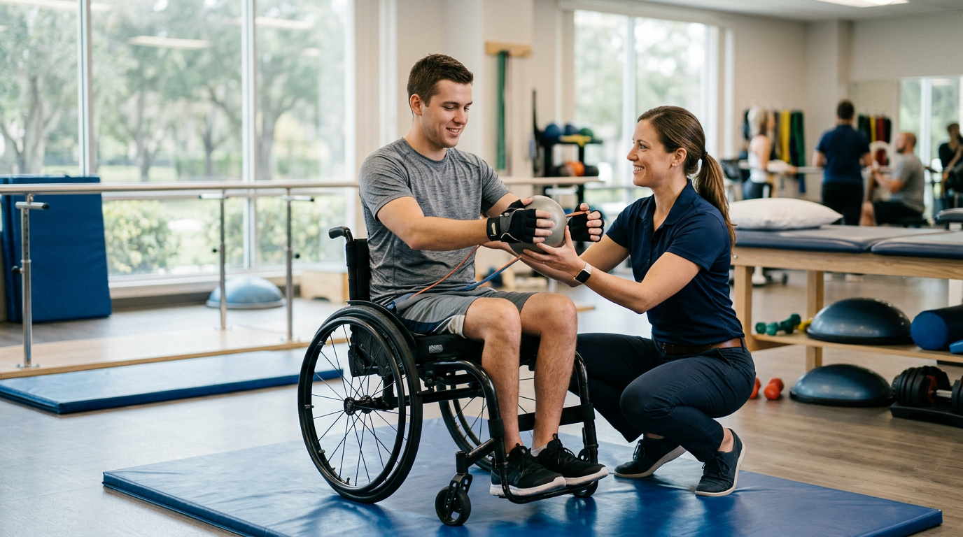 a young adult in a wheelchair in a spinal-cord-injury rehabilitation gym with a physical therapist
