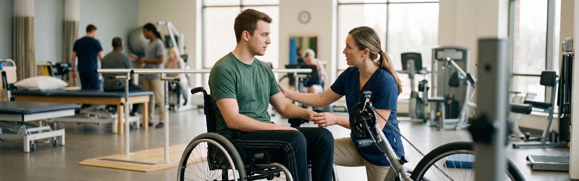 a young adult in a wheelchair in a spinal-cord-injury rehabilitation gym with a physical therapist