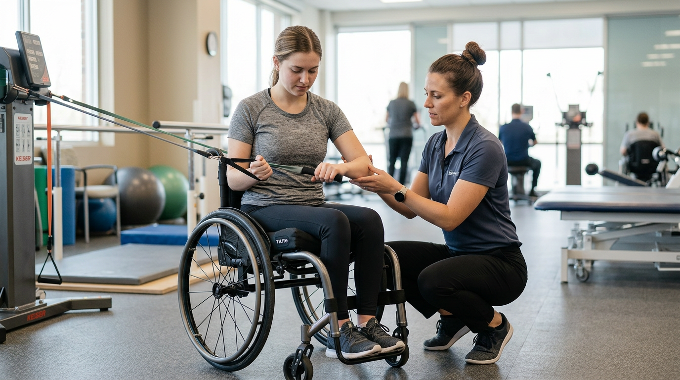 a young adult in a wheelchair in a spinal-cord-injury rehabilitation gym with a physical therapist