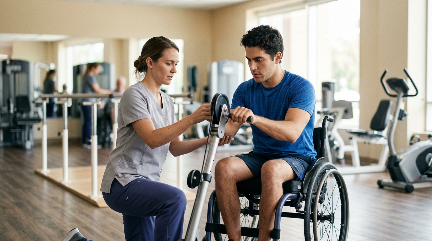 a young adult in a wheelchair in a spinal-cord-injury rehabilitation gym with a physical therapist