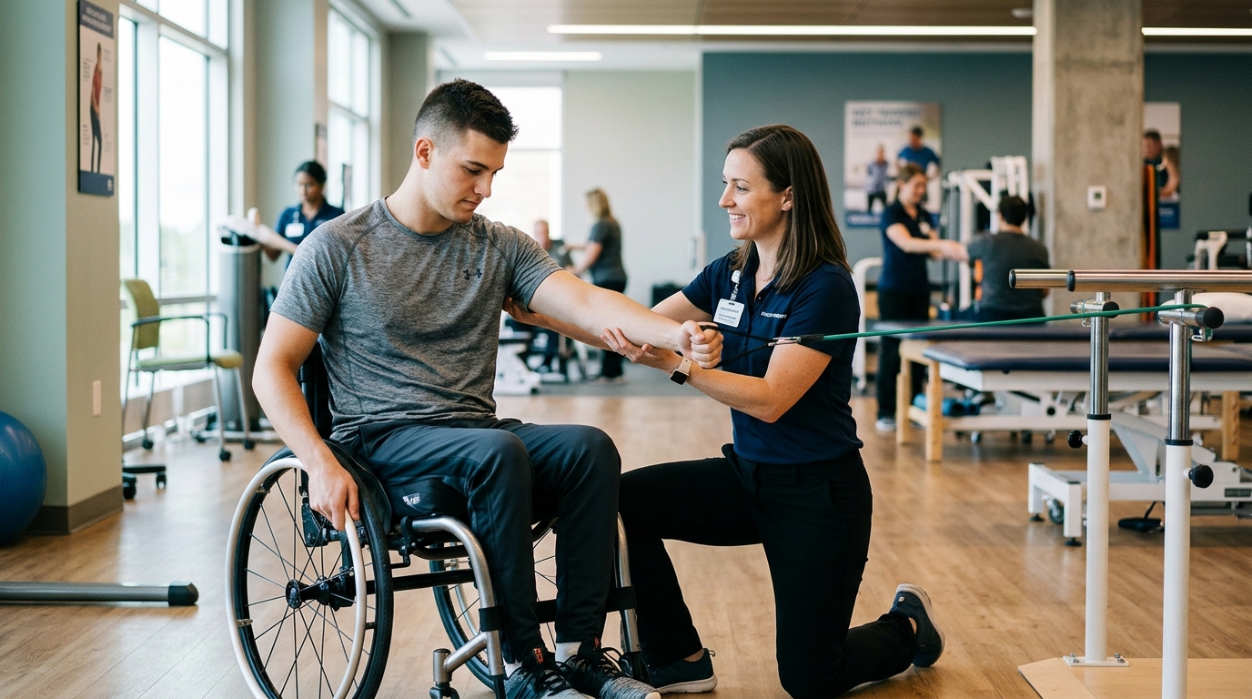 a young adult in a wheelchair in a spinal-cord-injury rehabilitation gym with a physical therapist