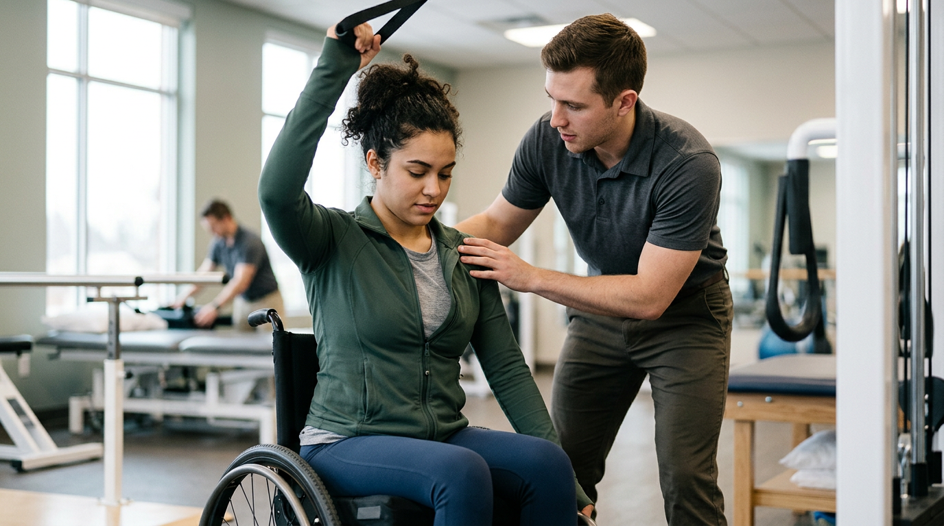 Young adult in a wheelchair working with a physical therapist in a spinal-cord-injury rehabilitation gym.