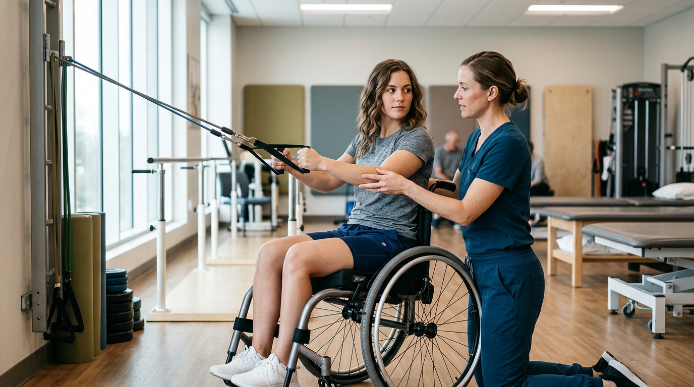 a young adult in a wheelchair in a spinal-cord-injury rehabilitation gym with a physical therapist
