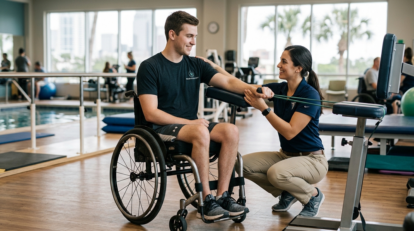 a young adult in a wheelchair in a spinal-cord-injury rehabilitation gym with a physical therapist