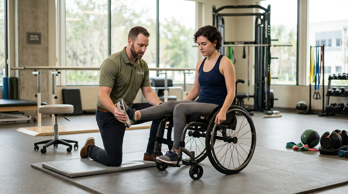 a young adult in a wheelchair in a spinal-cord-injury rehabilitation gym with a physical therapist