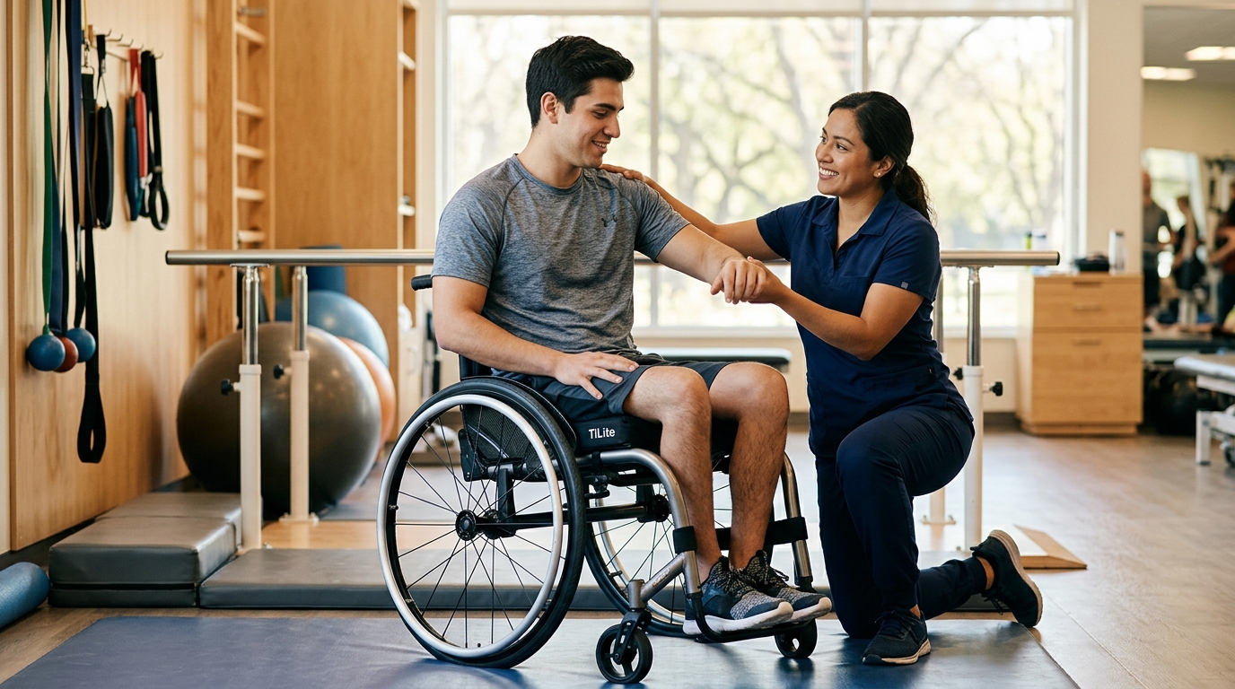 a young adult in a wheelchair in a spinal-cord-injury rehabilitation gym with a physical therapist