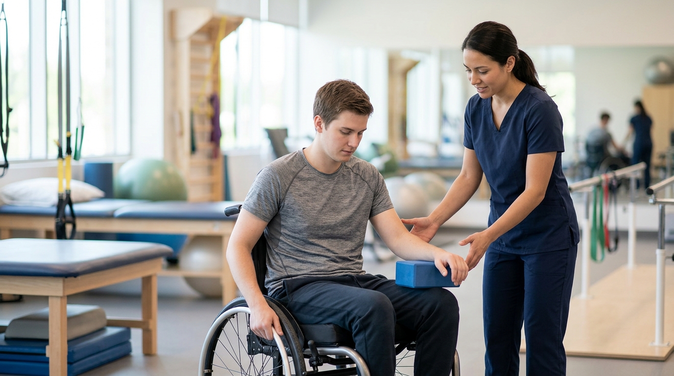 a young adult in a wheelchair in a spinal-cord-injury rehabilitation gym with a physical therapist
