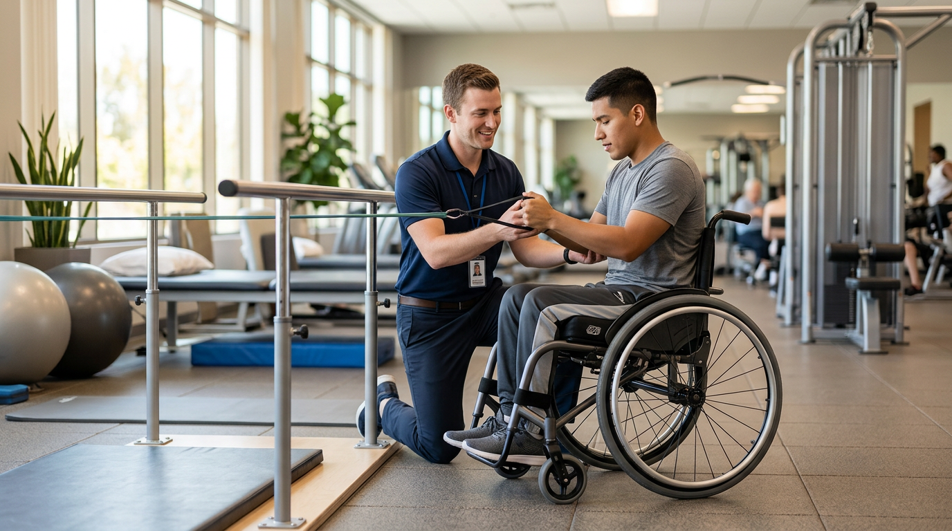 a young adult in a wheelchair in a spinal-cord-injury rehabilitation gym with a physical therapist