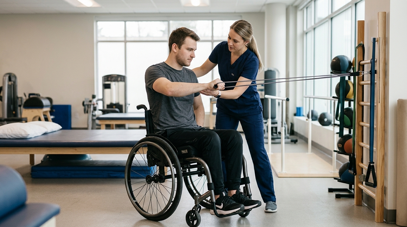 a young adult in a wheelchair in a spinal-cord-injury rehabilitation gym with a physical therapist