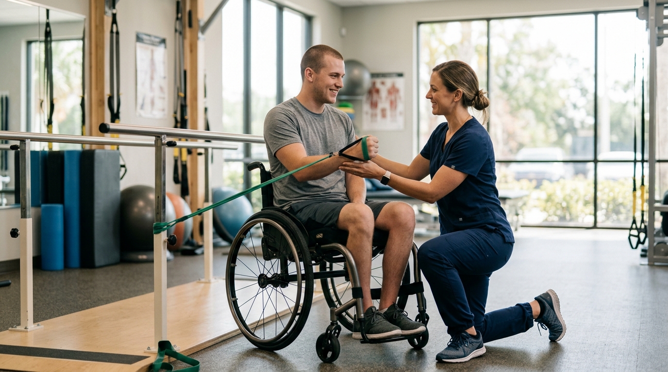 a young adult in a wheelchair in a spinal-cord-injury rehabilitation gym with a physical therapist