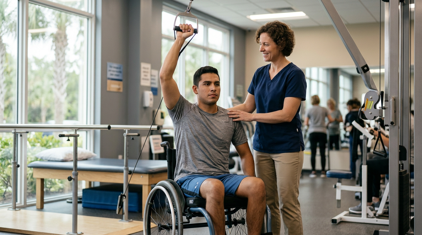a young adult in a wheelchair in a spinal-cord-injury rehabilitation gym with a physical therapist