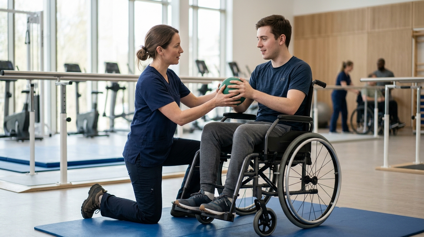a young adult in a wheelchair in a spinal-cord-injury rehabilitation gym with a physical therapist