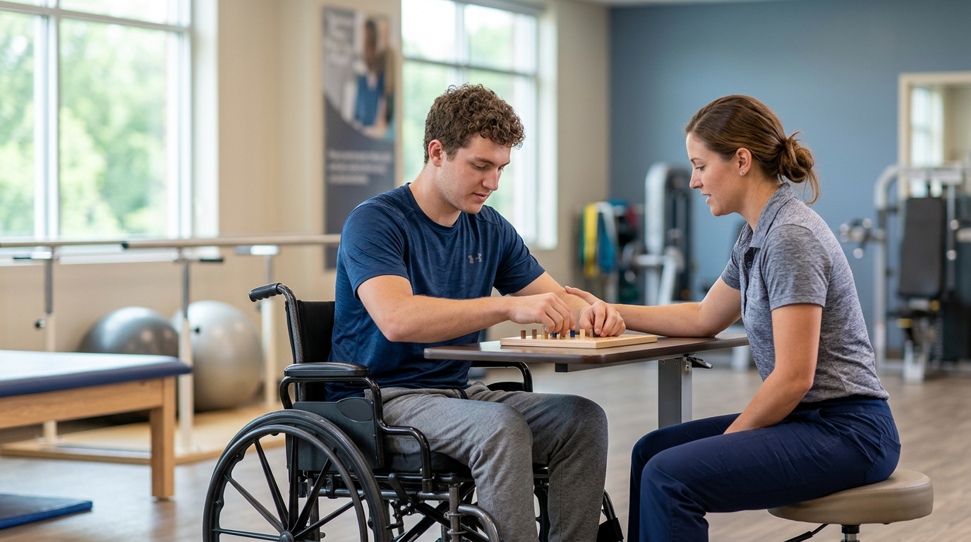 a young adult in a wheelchair in a spinal-cord-injury rehabilitation gym with a physical therapist