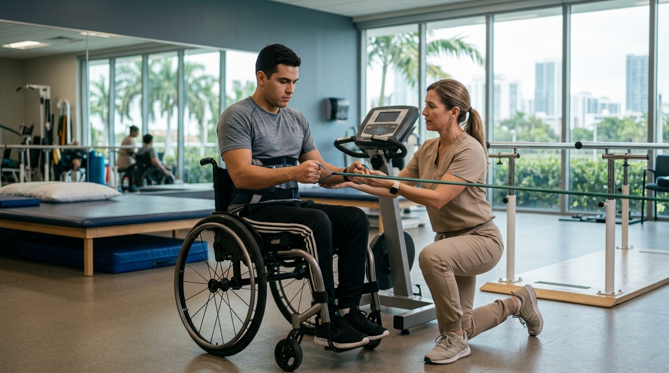 a young adult in a wheelchair in a spinal-cord-injury rehabilitation gym with a physical therapist