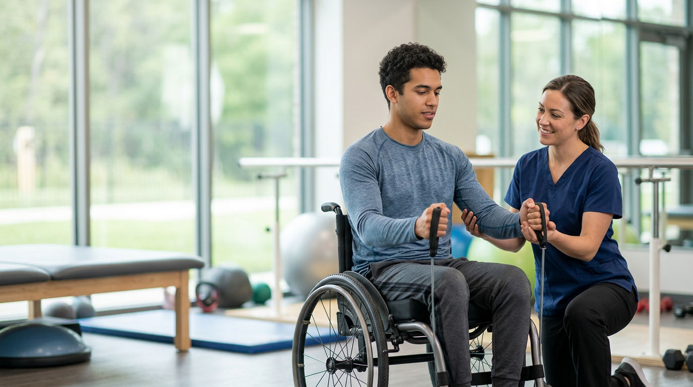 a young adult in a wheelchair in a spinal-cord-injury rehabilitation gym with a physical therapist