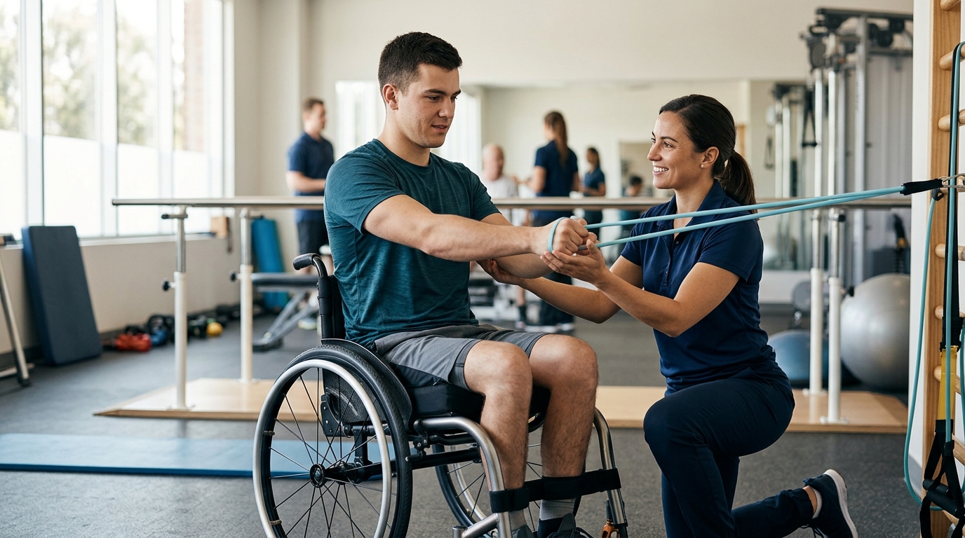 Young adult in a wheelchair working with a physical therapist in a spinal-cord-injury rehabilitation gym.