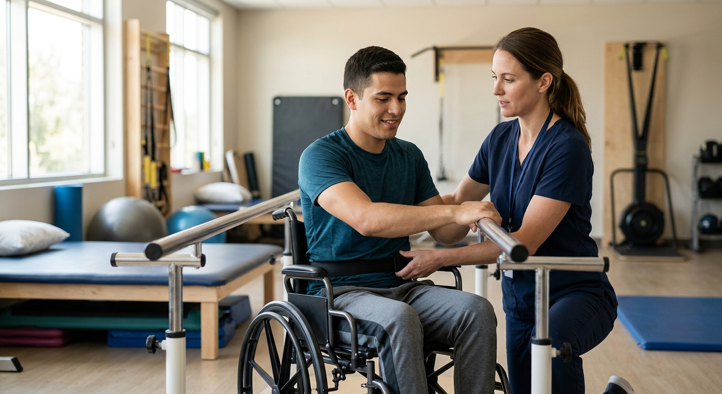 a young adult in a wheelchair in a spinal-cord-injury rehabilitation gym with a physical therapist